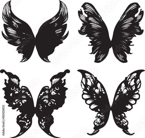 Stylized butterfly silhouette set collection nature insect black vector design on white background