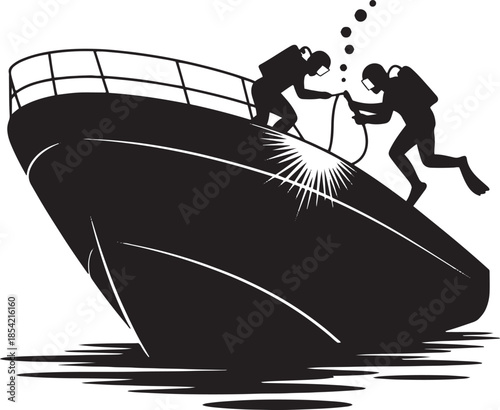 Two divers welding the hull of a ship on the water surface silhouette