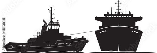 Tugboat towing a large cargo ship in the sea silhouette ocean