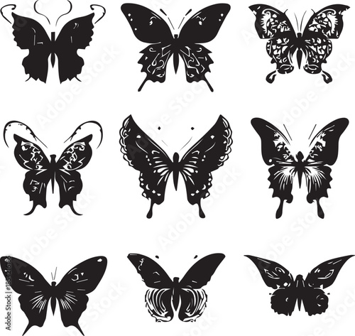 Stylized butterfly silhouette set collection nature insect black vector design on white background