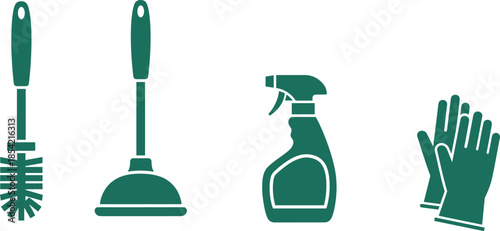 Green Silhouette Icons of Toilet Brush, Plunger, Spray Bottle, and Gloves – Essential Cleaning Tools for Household Sanitation Projects