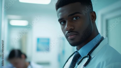 A focused doctor stands in a hospital corridor. He has a stethoscope around his neck. The atmosphere is serious yet hopeful. Watch as he cares for patients. Generative AI