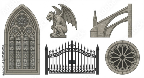 Collection of Classic Gothic Architectural Elements Windows, Gargoyles, Buttresses, and Gates