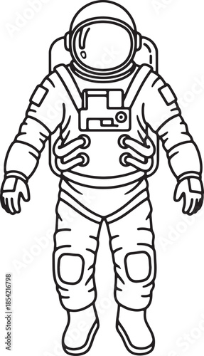 Astronaut Floating in Galaxy Black and White Line Art Minimal Space Exploration Illustration, Isolated Cosmonaut Spacesuit Helmet Sci-Fi Vector for Futuristic Technology and Astronomy Concepts