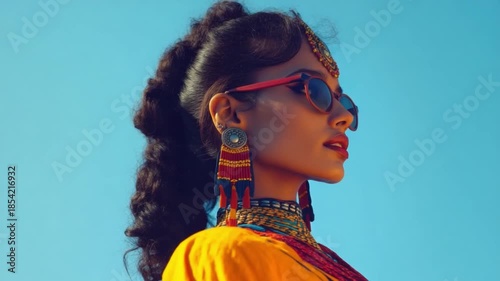 A vibrant portrait of a fashionable woman in sunglasses. She exudes confidence and style in this stunning setting. Perfect for fashion or lifestyle projects. Generative AI