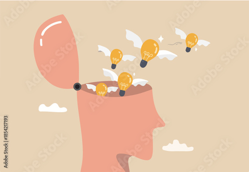 Idea generation, develop new idea or solution to solve problem, thinking process to generate creativity or answer, learning or brainstorm concept, bright lightbulb ideas flying from genius human head
