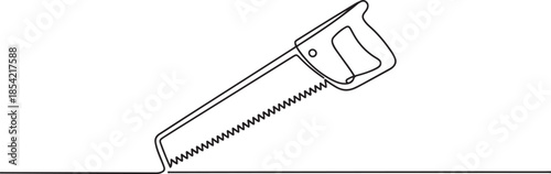 Continuous line drawing of hacksaw for wood. Hand saw linear icon. One line drawing background. Vector illustration.  one line Art icon drawing