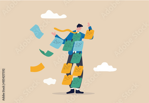 Too many ideas, overworked or busy schedule and reminders, procrastination or multi-tasking workaholic concept, busy tried businessman cover with adhesive reminder sticky notes on him.