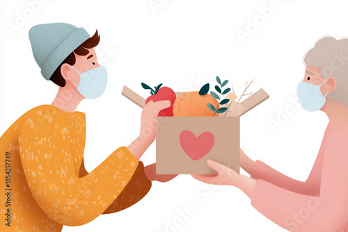 A man and a woman are holding a box of food, with a heart on it