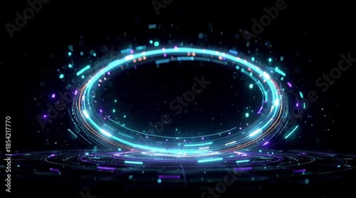 A futuristic glowing energy ring floating in a dark space background, composed of rotating holographic segments and digital particles.