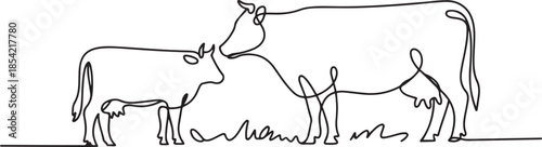 Cows on pasture in One continuous line drawing. Milk calf animal grazing symbol and beef meat farm concept in simple linear style. one line Art icon drawing