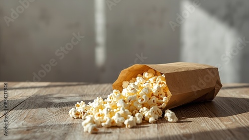 A brown paper bag filled with freshly popped popcorn on a wooden table