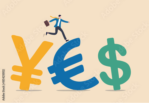 Foreign Exchange trading between currency around the word or investment fund flow concept, success businessman investor wearing suit walking on Japanese yen, Euro and US Dollar money currency symbol.