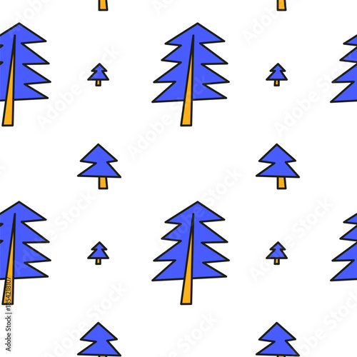 Cute seamless pattern with doodle fir trees on white background.