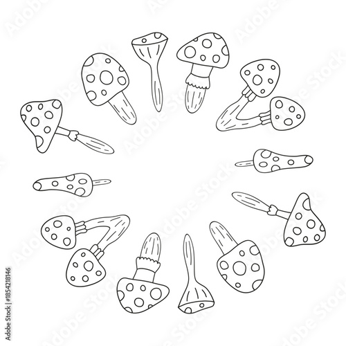 Cute round frame with hand drawn outline fly agaric amanita mushrooms isolated on white background. Autumn circle composition.