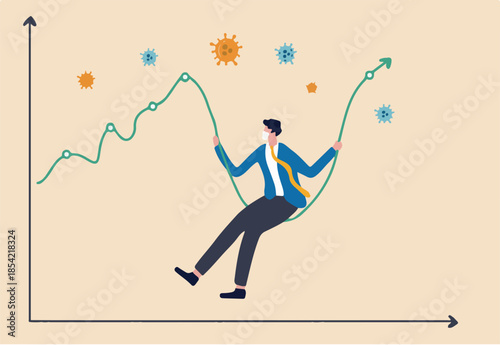 Coronavirus crash stock market plunged, high volatility asset price swing in Coronavirus outbreak crisis concept, businessman with sanitary mask sit on stock market graph as swing, COVID-19 pathogen
