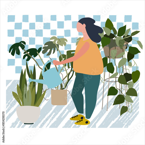 Beautiful young woman watering houseplants. Caring for indoor plants. Hobby. Vector illustration in flat style