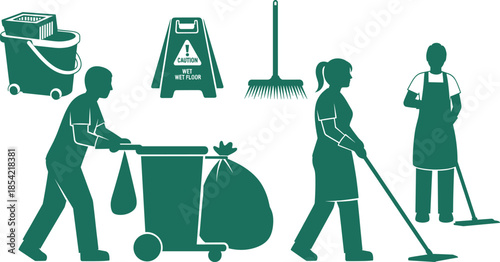 Black silhouettes of janitorial workers and cleaning tools including mop, caution sign, garbage bin, and rake on white background