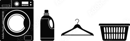 Black Silhouette Icons of Washing Machine, Detergent Bottle, Clothes Hanger, and Laundry Basket – Essential Laundry Tools Set