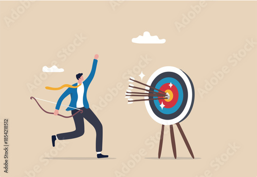 Success reaching goal or target, victory or winner, accuracy and achievement to hit target bullseye, efficiency or perfection concept, businessman archery shoot all his bows hitting bullseye target