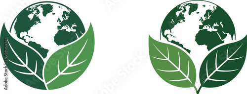 Sustainable green earth globe logo design with two leaves