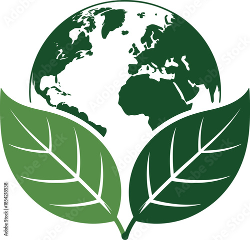 A stylized green earth globe with two leaves symbolizing sustainability and eco friendliness
