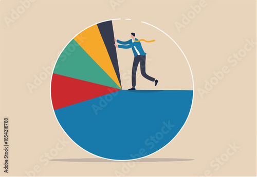 Business analysis, investment asset allocation or economic statistic concept, smart businessman standing on pie chart pushing allocation to the best performance position.