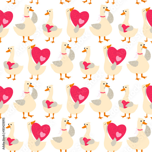 Seamless pattern of cute ducks with hearts, with fluffy feathers, Valentine's Day, in textured style, soft pink colors, isolated on white background. Vector.