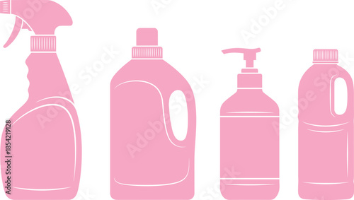 Pink silhouettes of household bottles including spray, detergent, pump, and bleach-style containers on white background packaging icons