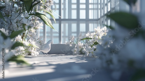 Dreamy composition of an all white bird among blossoming white flowers indoor