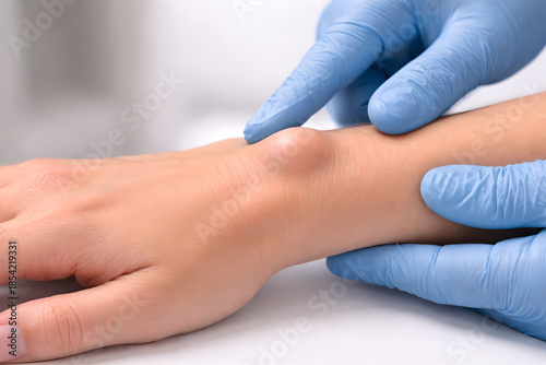 Photorealistic 3D macro close-up of a dorsal wrist ganglion cyst, smooth rounded subcutaneous bump on the back of the wrist near the scapholunate region