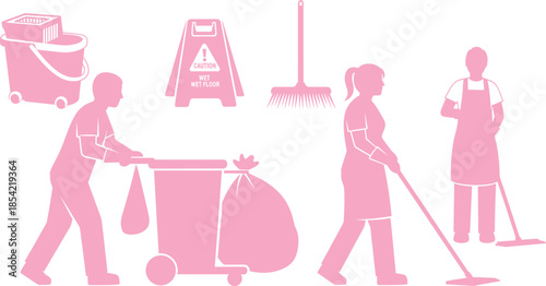 Pink silhouettes of janitorial workers and cleaning tools including mop, caution sign, garbage bin, and rake on white background