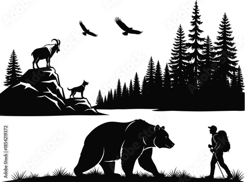 Silhouette forest scene with wildlife and hiker, black illustration, bear, wolf, goat, trekking poles, nature, adventure, mountain