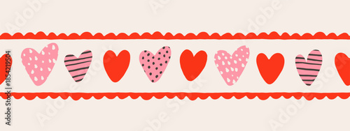 Seamless border design in hand drawn doodle style with various hearts featuring stripes, dots and spots, for romantic design stationery and decorative tape, vector illustration.