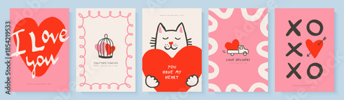 A set of creative greeting card designs featuring a cute cat with a heart, a delivery truck, a birdcage with locked hearts, and xoxo symbols in a doodle style, for romantic Valentine's Day greetings