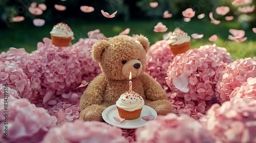 Teddy bear sits among pink flowers and cupcakes in a garden during the afternoon