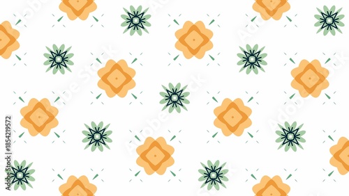 A pattern of flowers and leaves in various sizes and colors