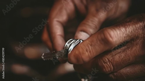 Close medium shot of a professional duplicating a vehicle key with specialized equipment emphasizing security technology in the process.