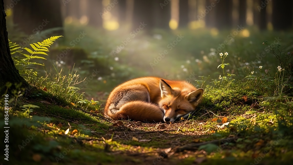 Fototapeta premium Beautiful Red Fox Sleeping Peacefully in a Sunlit Forest Glade among Ferns and Wildflowers