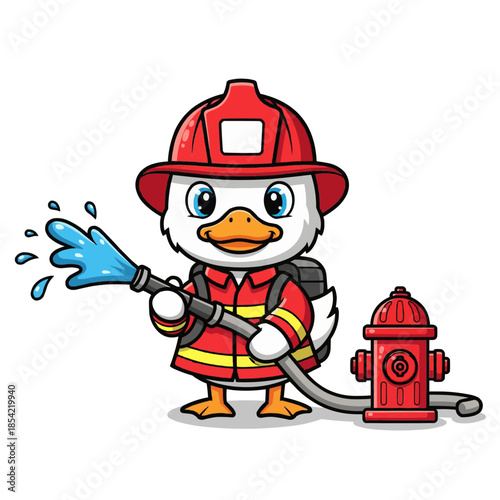 Adorable cartoon duck firefighter extinguishing flames with a powerful water hose and hydrant
