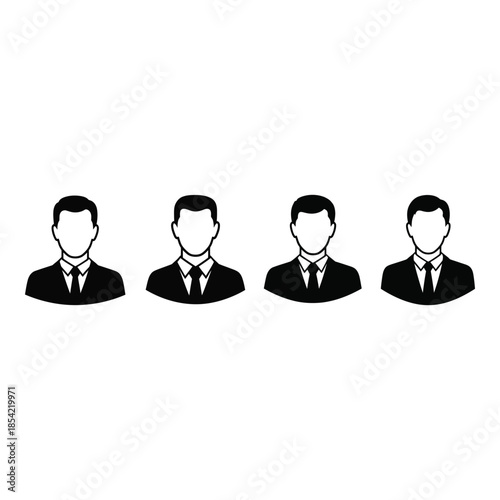 Four identical black and white silhouettes of men in suits and ties