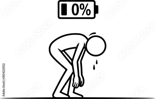 Minimal line illustration of an exhausted person with an empty battery icon