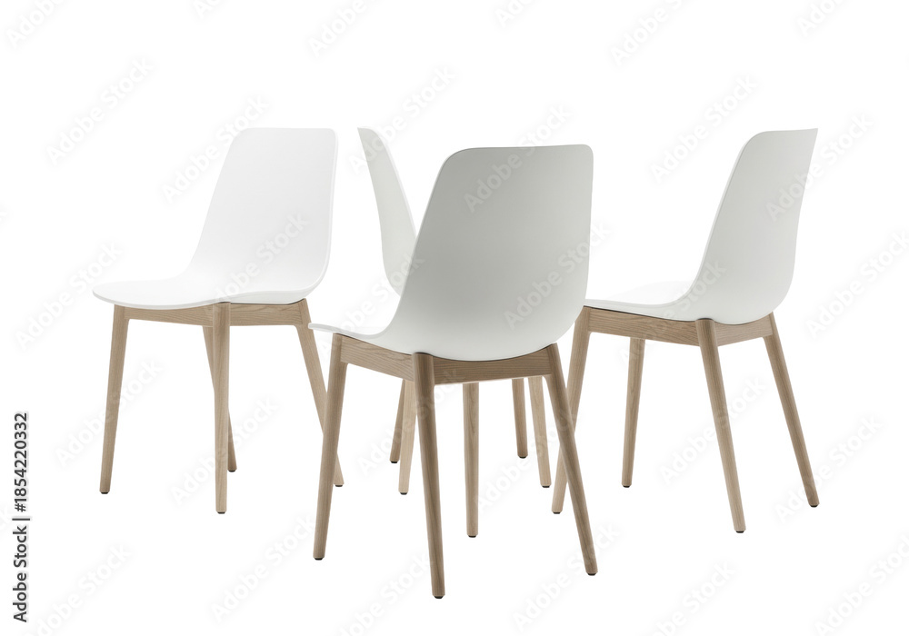 Obraz premium three minimalist scandinavian dining chairs with matte white seats and tapered wooden legs, arranged against a pure white studio background, showcasing geometric precision and aspirational luxury