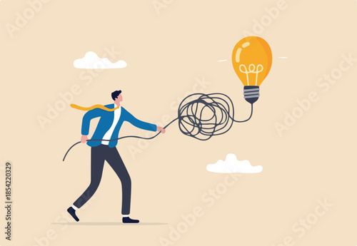Simplify complex business idea, untangle or solve business problem, solution for messy chaos situation concept, smart businessman untangle messy line of business idea lightbulb or simplify problem.