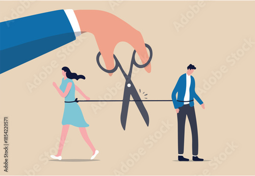 Divorced couple, separation of broken marriage end of relationship concept, hand using scissors to cut rope to rip apart couple, troubles man and woman with sadness emotion.