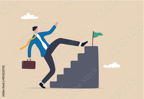 Shortcut or advancement in career development or work to achieve target, skip step to reach goal or beginner mistake by try hard way to success concept, businessman skip stair step to reach target