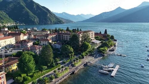 Early Morning aerial view of Bellagio and Menaggio towns on Lake Como Italy showcasing the landscape and architecture