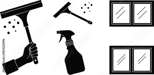 Black silhouettes of window cleaning tools including squeegee, spray bottle, and cleaned windows with streaks on white background