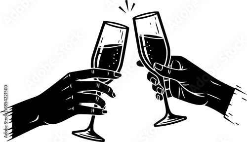 Elegant Woodcut Illustration of Hands Toasting with Champagne Gl
