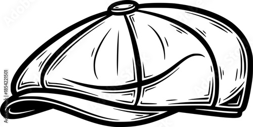 Vintage Style Flat Cap Hand Drawn Woodcut Illustration in Black
